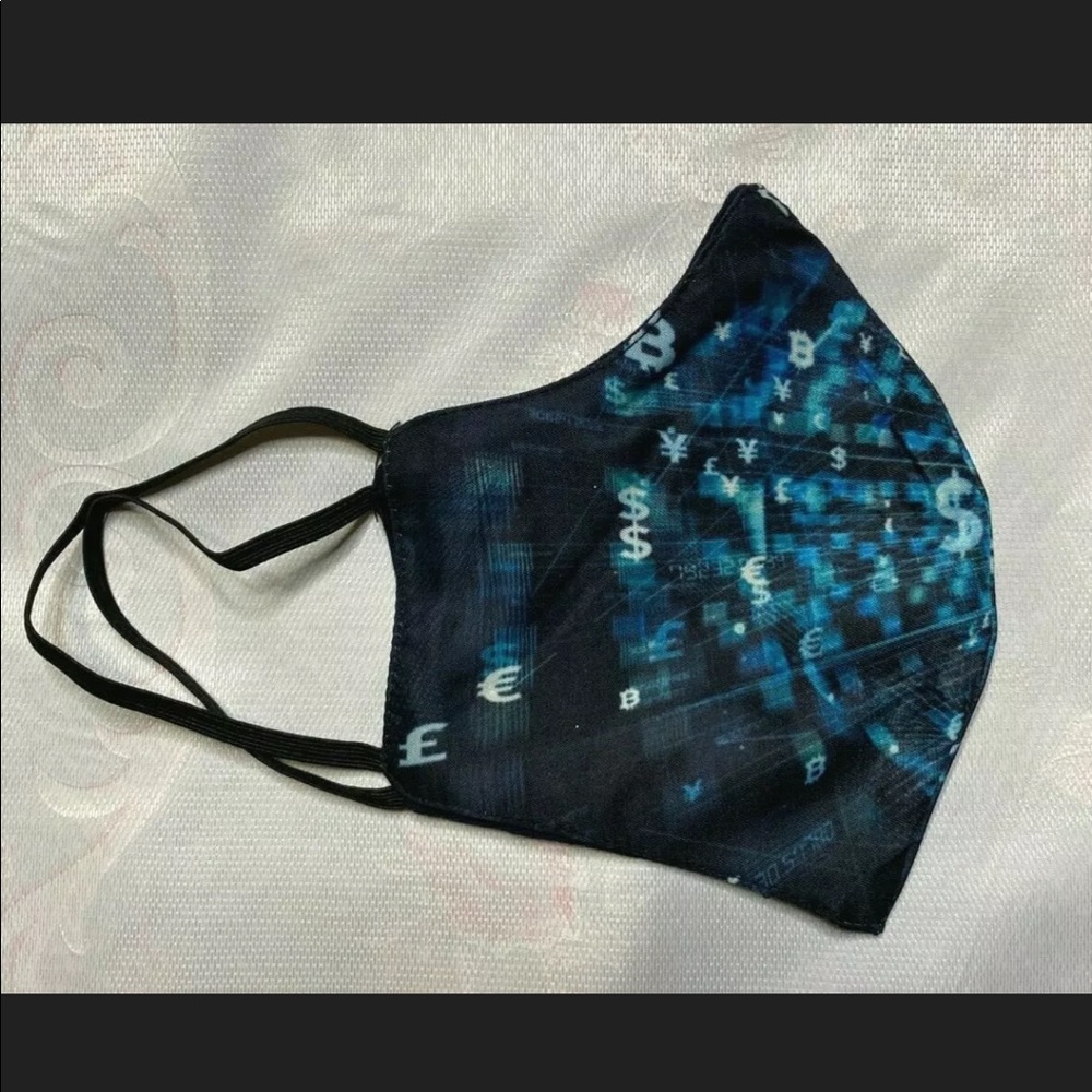 Black and blue currency face mask